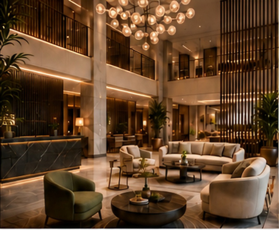 Lobby de hotel con sofás, sillones y mesas en un espacio de doble altura iluminado por lámparas decorativas